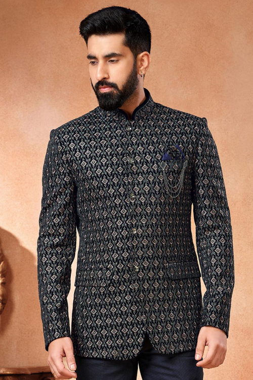 Navy Blue Embroidered Velvet Men's Waist Coat For Engagement 