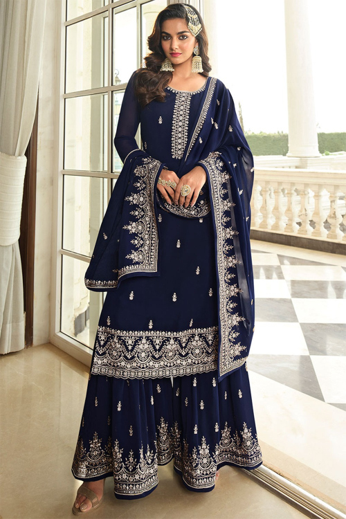 Wedding Wear Sequins Work Sharara Suit in Georgette Navy Blue
