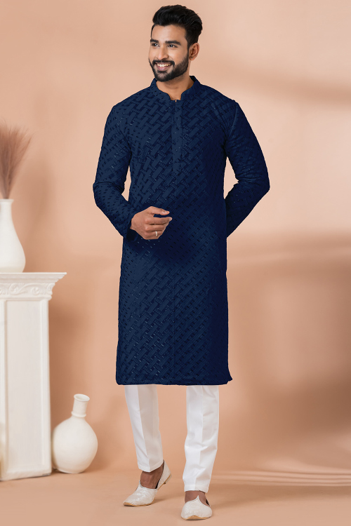 Navy Blue Georgette Men&#039;s Kurta Pajama With Sequins Work