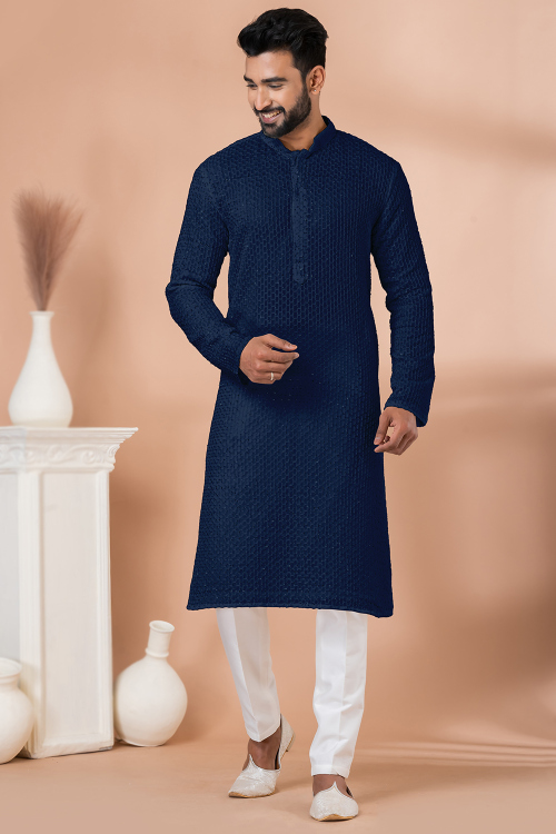 Navy Blue Georgette Men&#039;s Kurta Pajama With Sequins Work