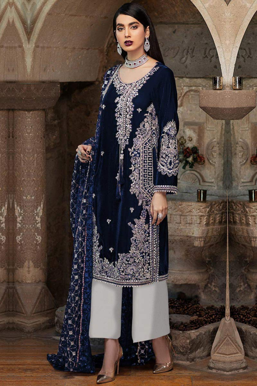 Navy Blue Velvet Zari Embroidered Trouser Suit