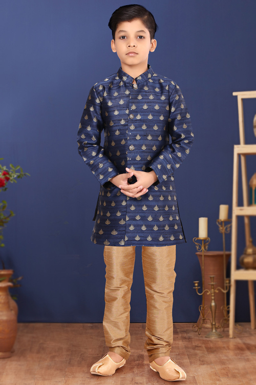 Elegant Navy Blue Jacquard Churidar Sherwani for Kids