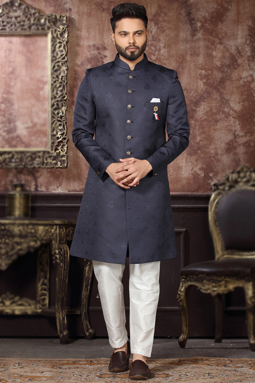 Men Sherwani for Party Wear in Jacquard Navy Blue