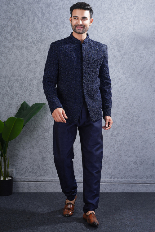 Navy Blue Jodhpuri Style Men&#039;s Sherwani With Beads Work