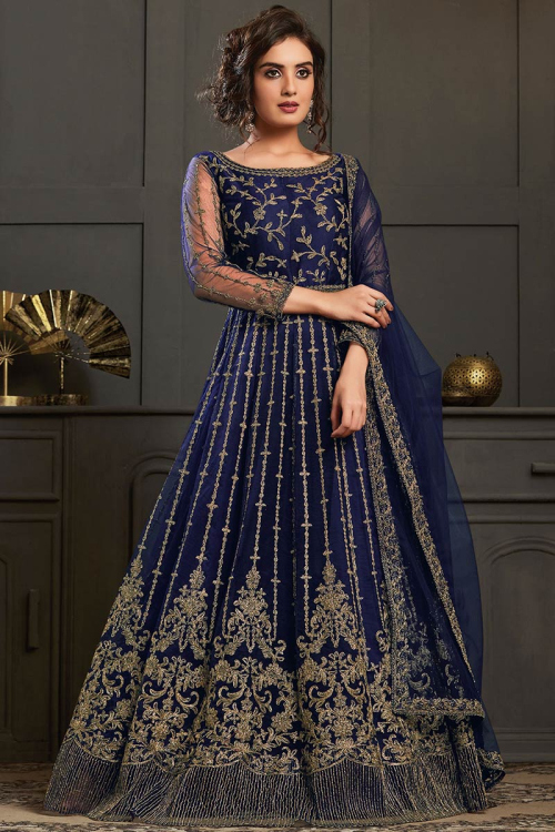 Navy Blue Net Frock Style Wedding Anarkali Suit