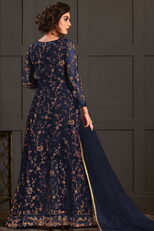 Navy Blue Satin Jacket Style Wedding Trouser Suit