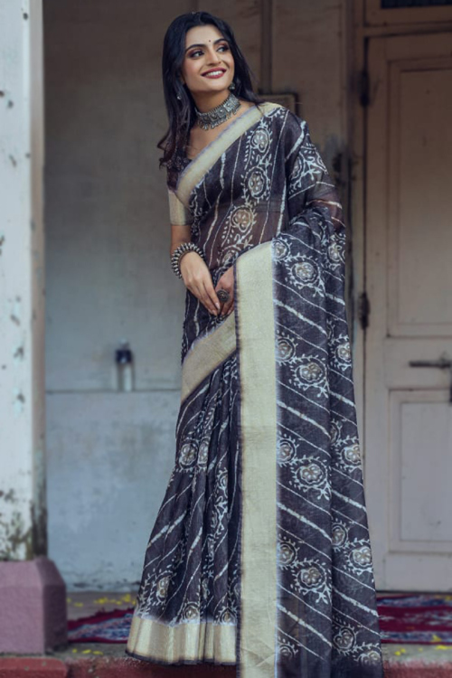 Navy Blue Organza Printed Light Weight Saree