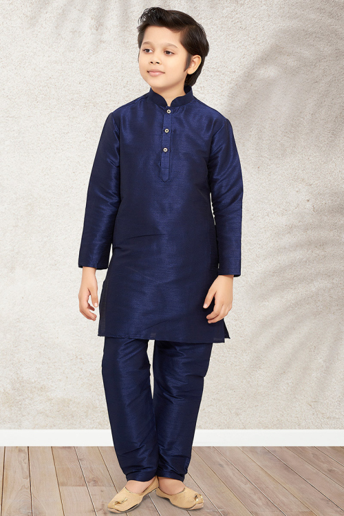 Navy Blue Plain Dupion Silk Straight Cut Boy's Kurta Pajama