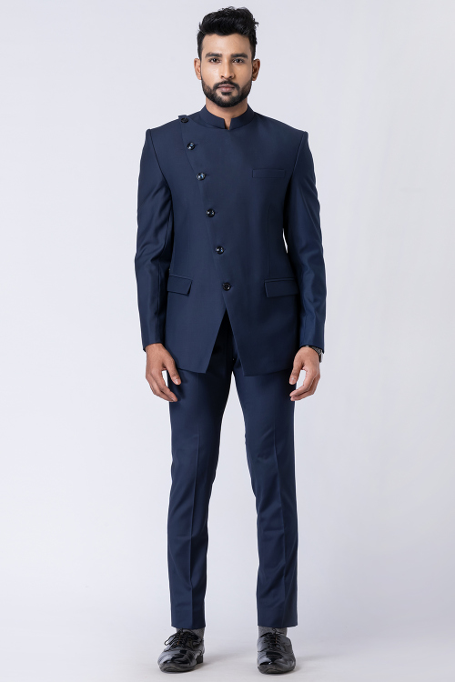 Navy Blue Plain Polyester Angrakha Style Men's Coat Pant