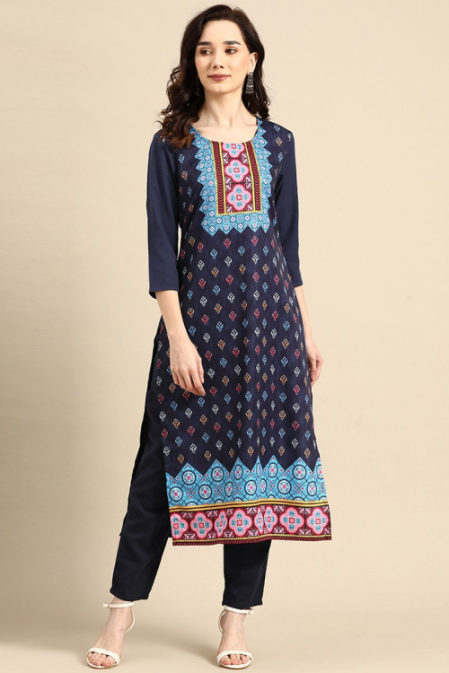Navy Blue Poly Crepe Printed Kurti
