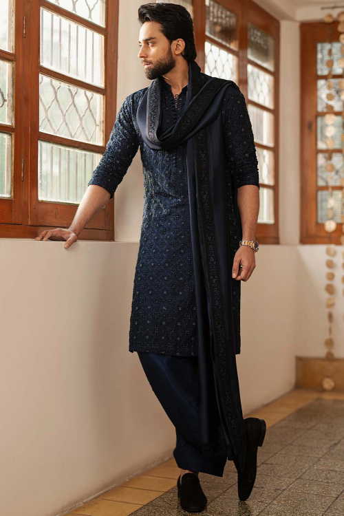 Navy Blue Raw Silk Embroidered Men&#039;s Kurta Pajama
