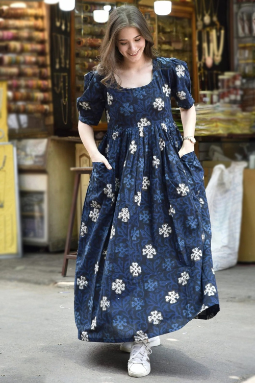 Navy Blue Rayon Printed Ankle Length Casual Wear Kurti