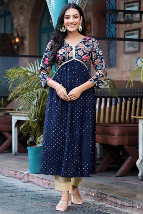 Navy Blue Rayon Printed Frock Style Kurti 