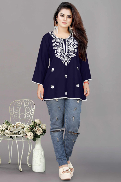 Navy Blue Rayon Resham Embroidered Kurti For Festival 