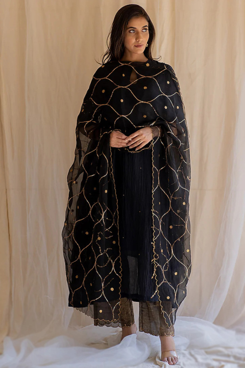 Navy Blue Sequins Embroidered Chanderi Cotton Wedding Trouser Suit