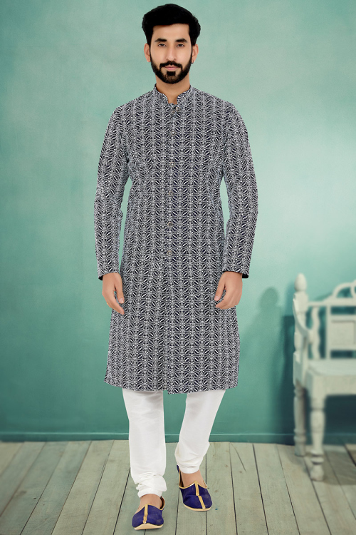 Navy Blue Silk Churidar Men Kurta Pajama