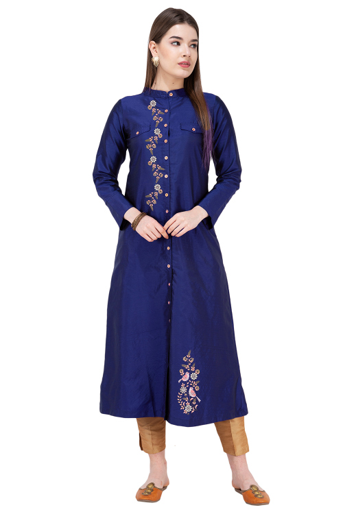 Navy Blue Silk Embroidered A Line Kurti