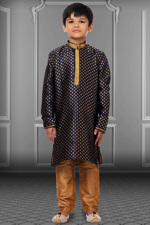 Navy Blue Silk Embroidered Kids Kurta Pajama