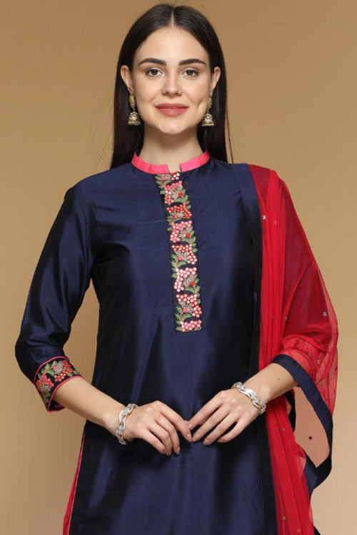 Navy Blue Silk Embroidered Patiala Suit for Wedding & Party