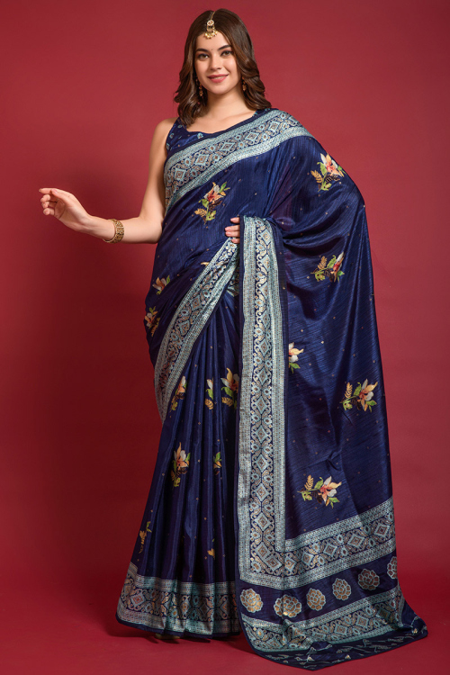 Saree for Wedding Wear in Silk Navy Blue with Lace embroidery