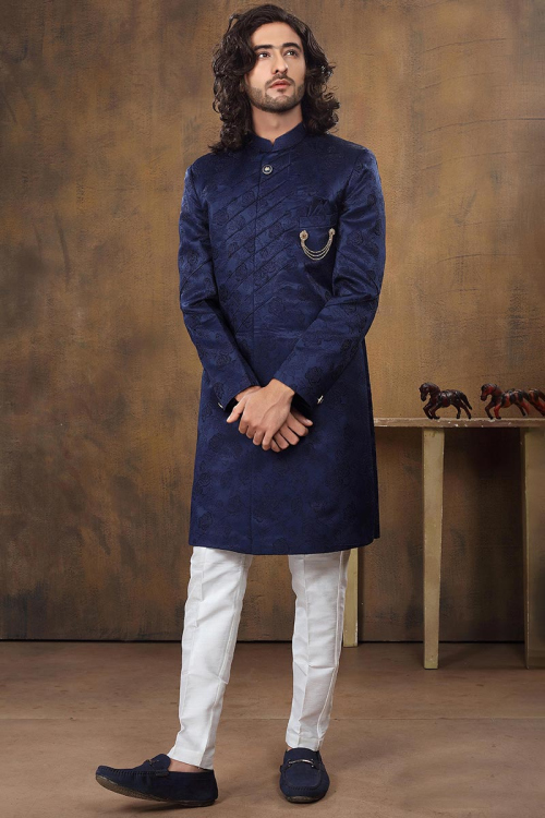 Navy Blue Silk Jacket Style Printed Men Sherwani