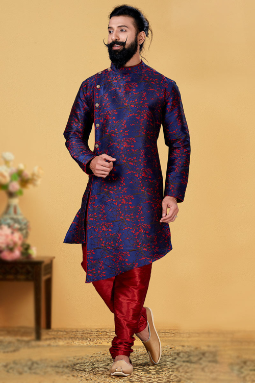 Navy Blue Silk Men Sherwani With Dhoti