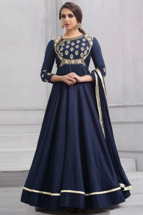 Navy Blue Silk Party Wear Anarkali Suit