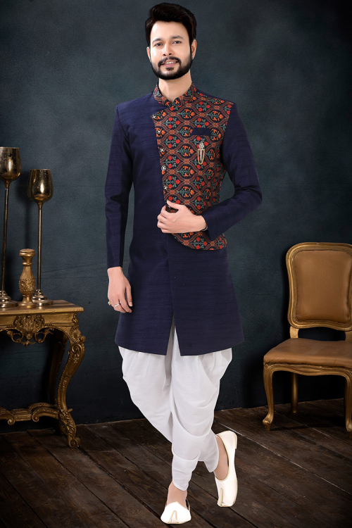 Navy Blue Silk Printed Men Sherwani
