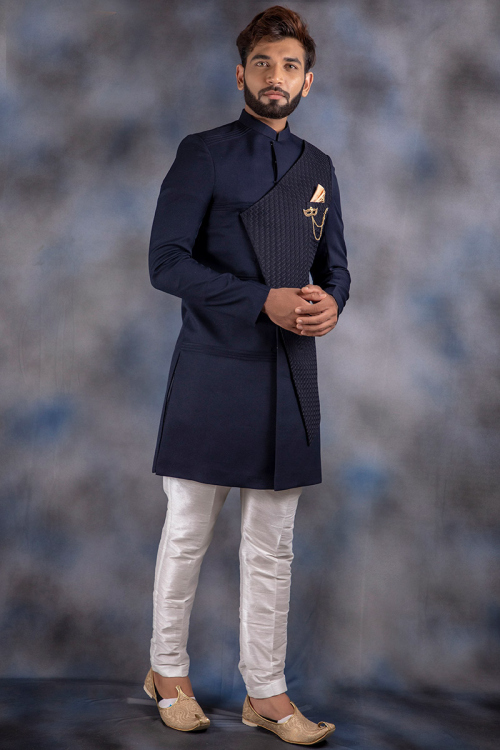 Navy Blue Silk Straight Pant Men Sherwani