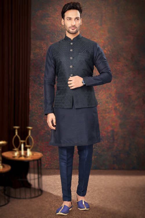 Navy Blue Silk Weaved Zari Men's Kurta Pajama Whit Waist Coat 