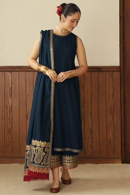 Prussian Blue Silk Zari Embroidered Palazzo Suit for Wedding
