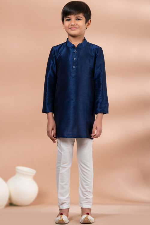 Navy Blue Straight Cut Dupion Silk Boy's Kurta Pajama For Sangeet