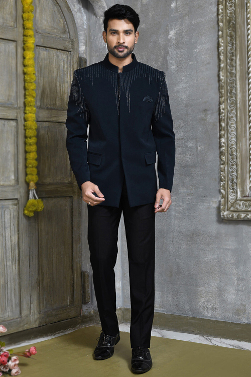 Navy Blue Suede Embroidered Jodhpuri Style Men's Suit