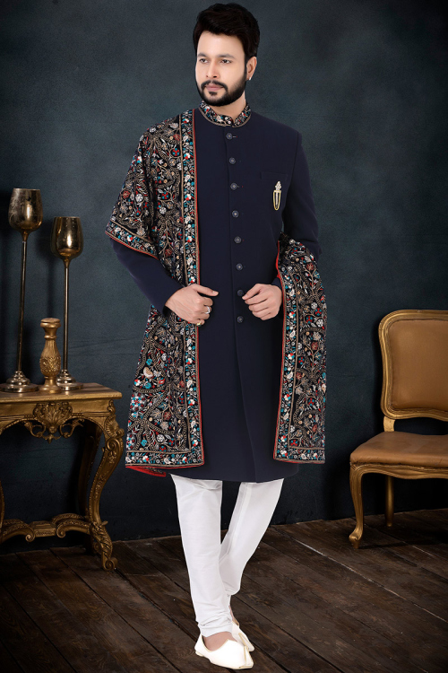 Navy Blue Terry Rayon Indo-Western Men Sherwani