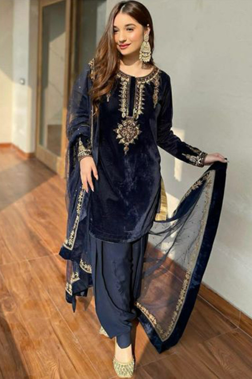 Navy Blue Velvet Embroidered Patiala Suit