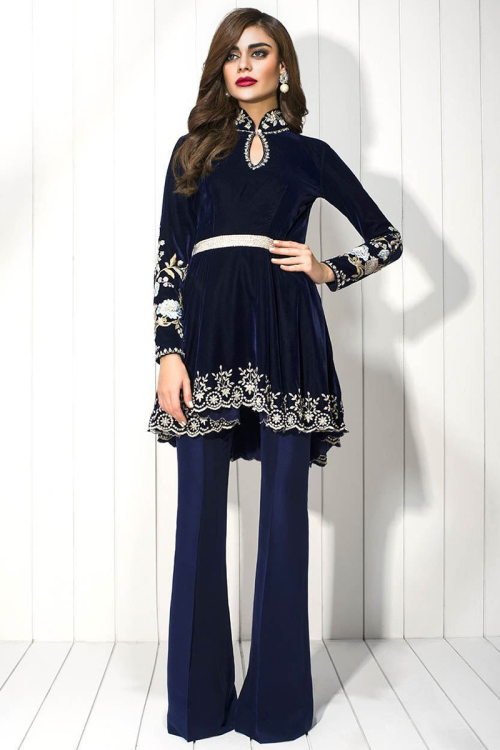 Navy Blue Velvet Resham Embroidered Pakistani Trouser Salwar Suit