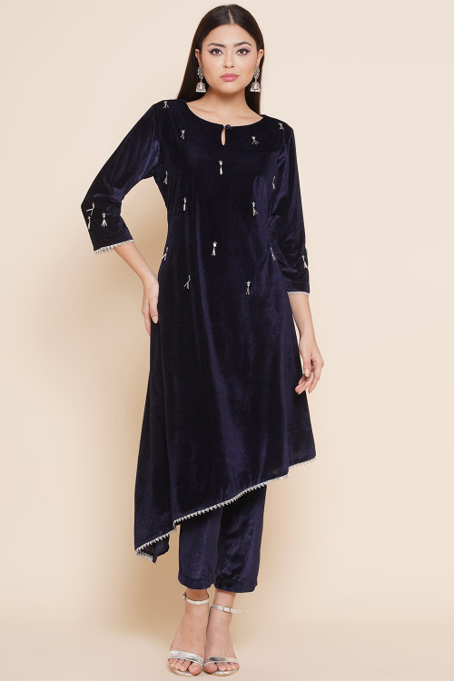 Navy Blue Velvet Indo-Western Trouser Suit with Sequins Work for Parties