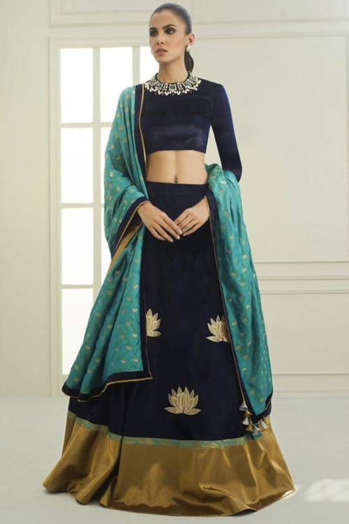 Navy Blue Velvet Patch Work Wedding Lehenga