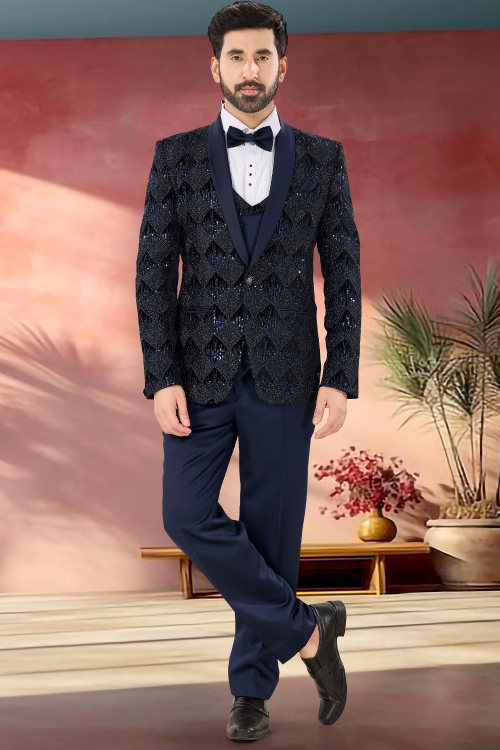 Navy Blue Velvet Tuxedo Suit with Zari Work Outfit
