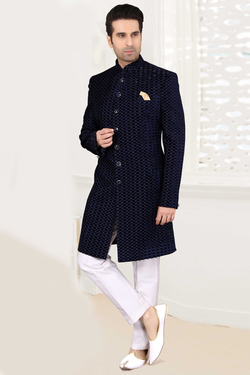 Navy Blue Velvet Woven Men Sherwani