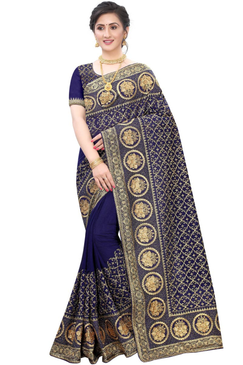 Navy Blue Zardosi And Stone Work Silk Saree