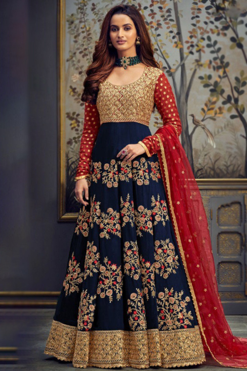 Navy Blue Zari Embroidered Festival Wear Silk Anarkali Suit 