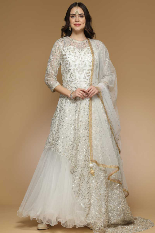 Raya Special Net Anarkali Gown In White Color With Sequence Work