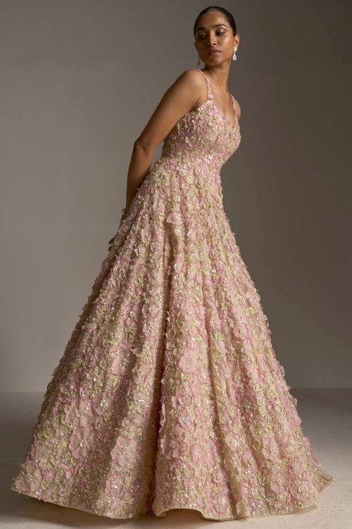 Cream Beige Net Sequins Embroidered Bridal Salwar Kameez Gown