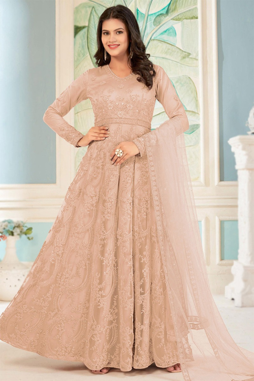 Net Dori Embroidered Peach A Line Anarkali Suit 