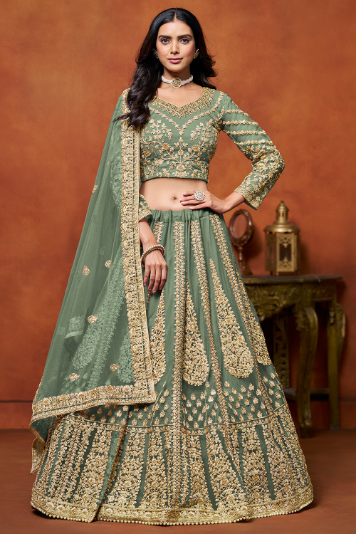 Net Dusty Green Sequins Embroidered A Line Lehenga 