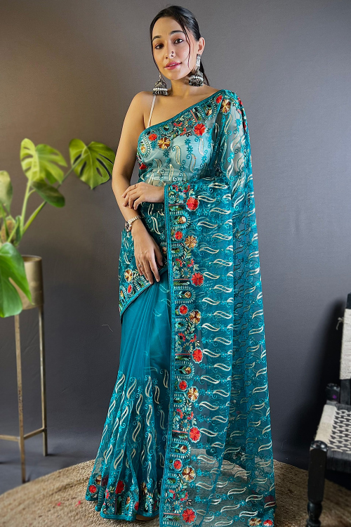 Net Embroidered Persian Green Light Weight Saree 