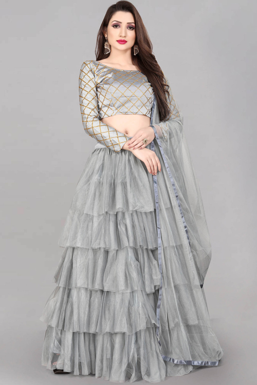 Net Grey Zari Embroidered Layered Style Lehenga 