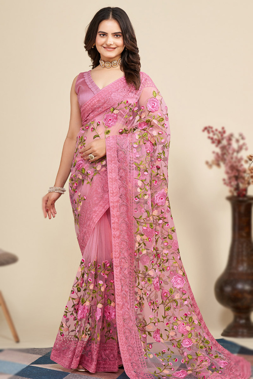 Net Lavender Pink Floral Resham Embroidered Saree 