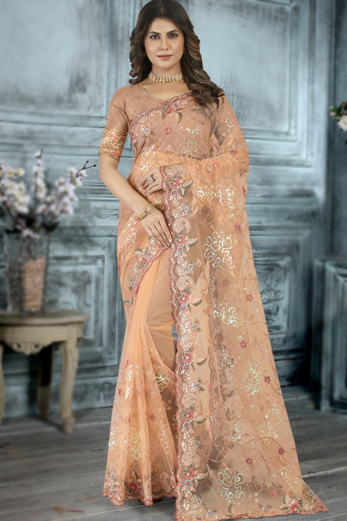 Net Light Weight Embroiderd Dark Beige Saree